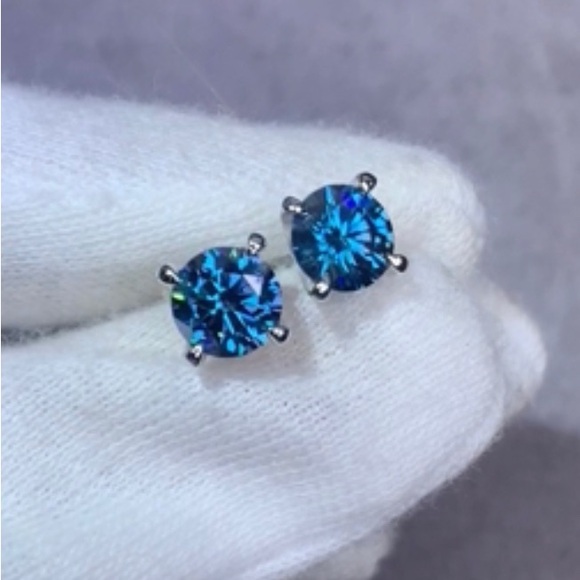 Genuine ~ Certified 2 Carat Bright Blue Diamond 18k White Gold Stud Earrings - Picture 13 of 16
